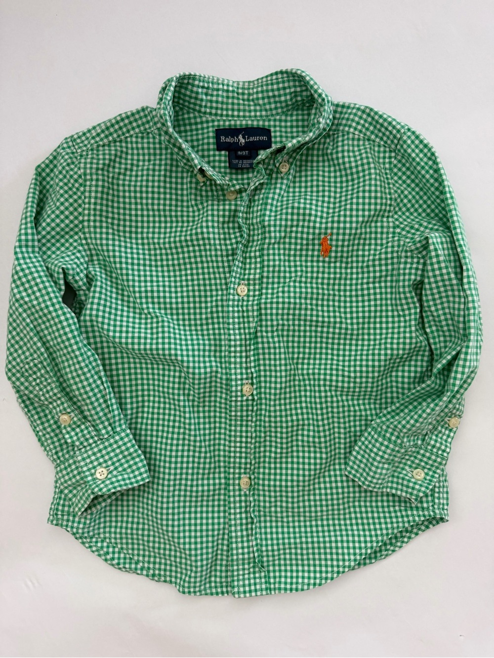 Ralph Lauren Green Gingham Button-Down Shirt with Orange Pony 3t
